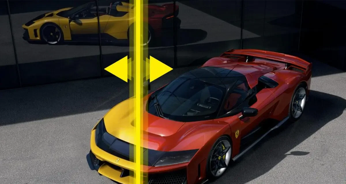 Future Ferrari F80 Aperta (2027) : faites glisser votre curseur de gauche à droite pour découvrir la transformation du coupé en cabriolet