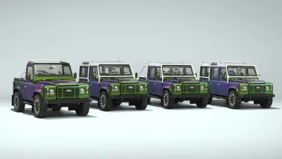 Quatre anciens Land Rover Defender V8 parés d'une teinte changeante